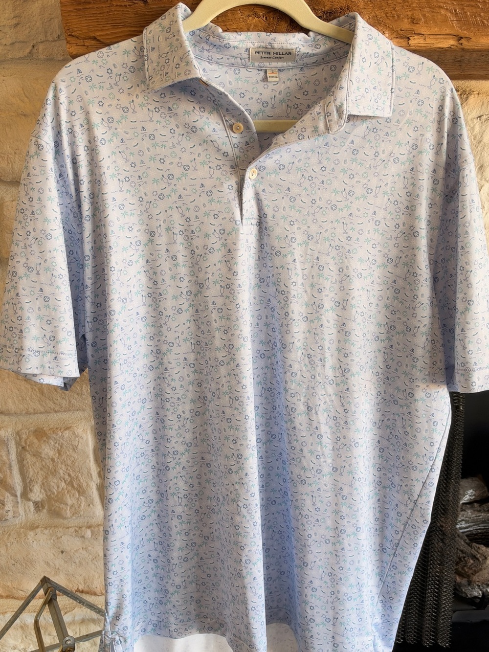 Peter Millar Watercolor Branded Light Blue Polo with Blue & Green Micro Print